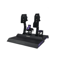 Black gaming simulator base with pedals on a white background