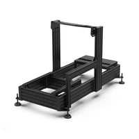 Black anodized aluminium chassis for a racing sim cockpit, with mounting points and a rigid structure.