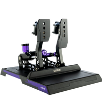 A set of racing pedals with a hydraulic system, predominantly black with purple accents, designed for simulated racing.
