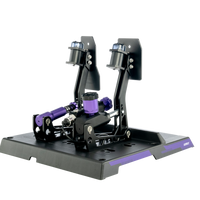A set of racing pedals with a hydraulic system, predominantly black with purple accents, designed for simulated racing.