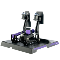 A set of racing pedals with a hydraulic system, predominantly black with purple accents, designed for simulated racing.
