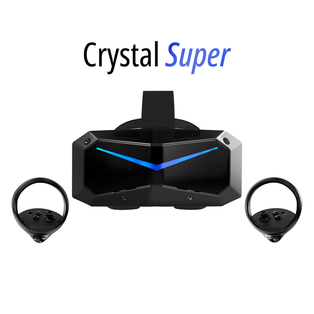 Black virtual reality headset with ear straps on a white background, featuring &