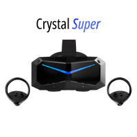 Black virtual reality headset with ear straps on a white background, featuring 'Crystal Super' branding.