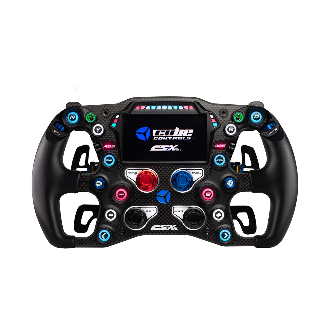 A black Cube Controls CSX-3 sim racing steering wheel with various buttons, sticks, and a display.