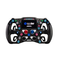 A black Cube Controls CSX-3 sim racing steering wheel with various buttons, sticks, and a display.