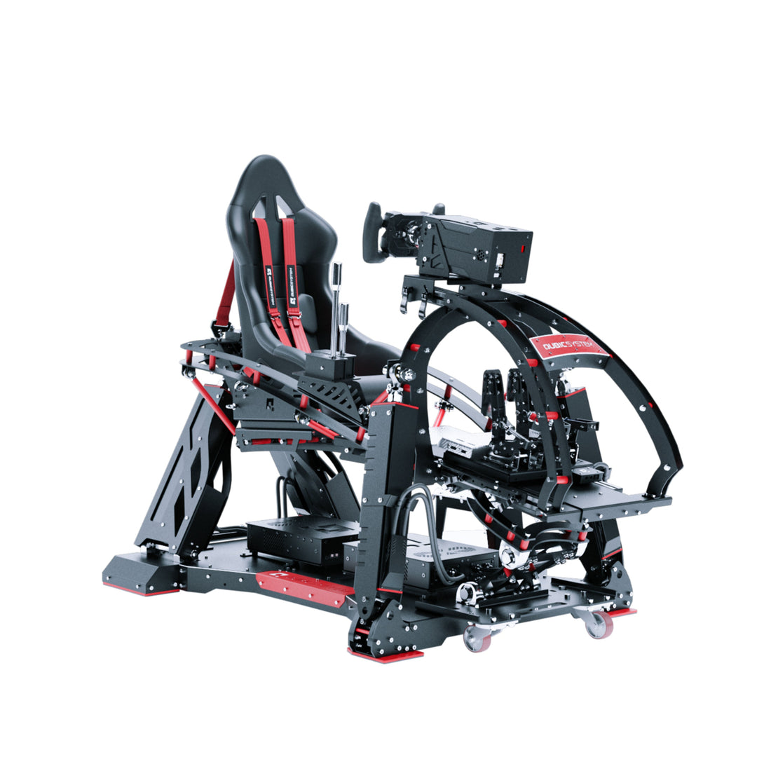 A black and red Qubic System QS-V20 4DOF motion cockpit simulator with a racing chair, pedals, and a motion platform, set against a white background.