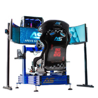 Apevie simulator setup with racing chair and dual monitors on a black background