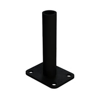 Black mount designed for Buttkicker, featuring a flat square base with three holes for attachment and a vertical tube.