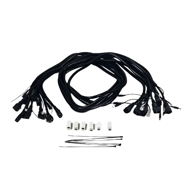 A set of black cables with connectors laid out on a white background, typically used for 6DOF (Six Degrees of Freedom) platform installations.