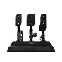 Black gaming pedal set with purple accents on a white background