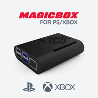 A black device labeled 'MAGICBOX FOR PS/XBOX' with USB and Ethernet ports, alongside logos of PlayStation and Xbox.
