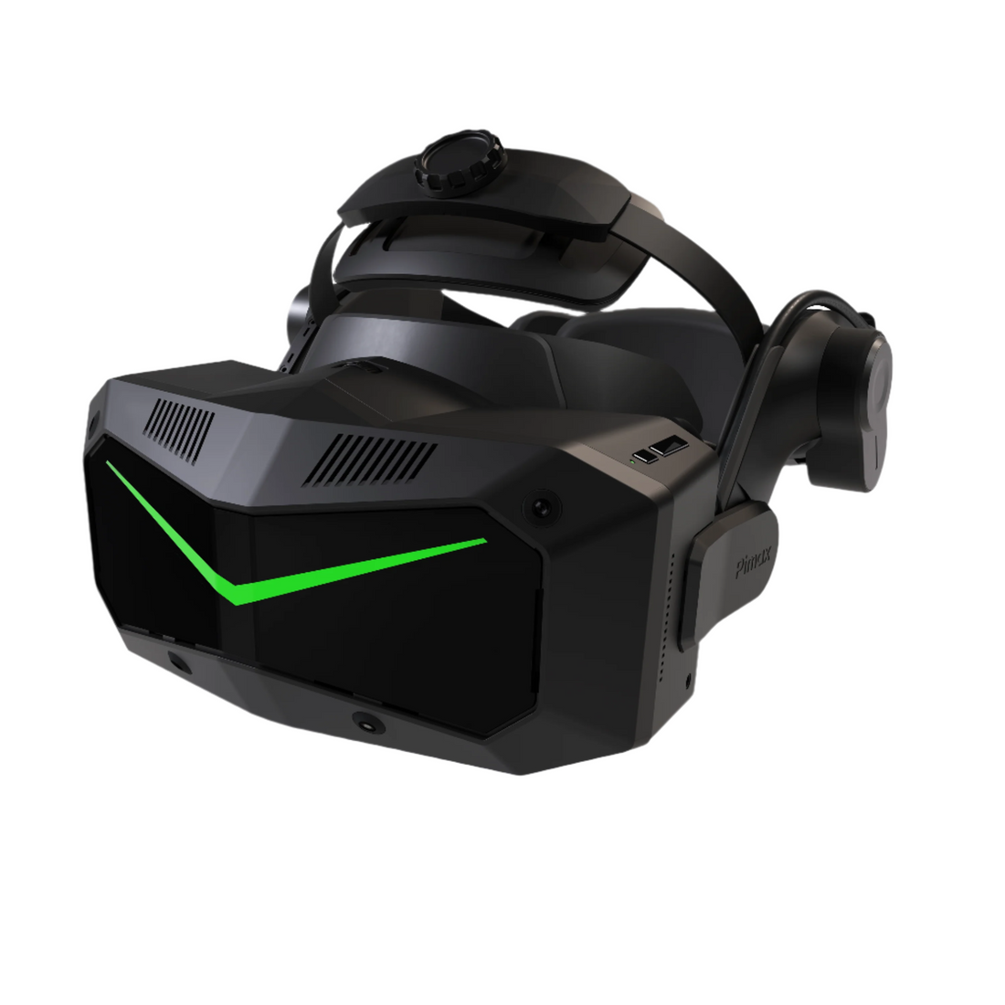 Black VR headset with green accents on a white background