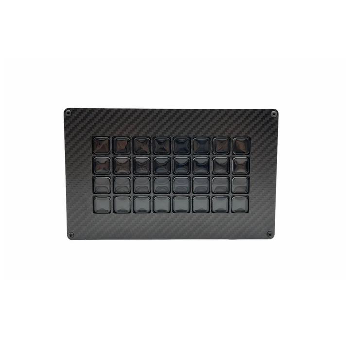 Black carbon fiber texture panel with embedded square components on a white background