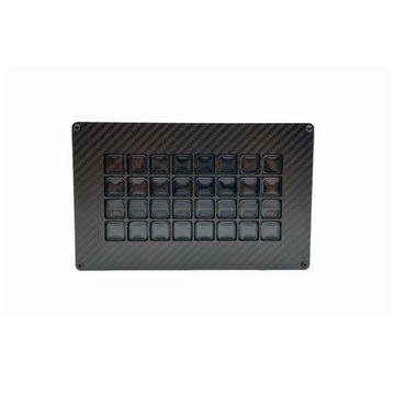 Black carbon fiber texture panel with embedded square components on a white background