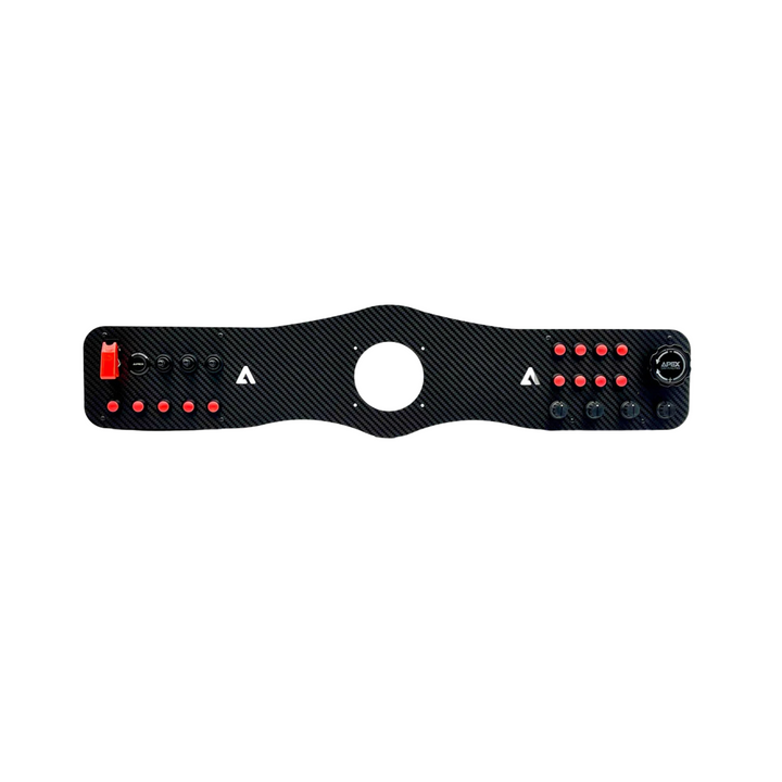 A Thrustmaster T-series dash board for sim racing, featuring various control buttons and switches, mounted on a black surface with red and white accents.