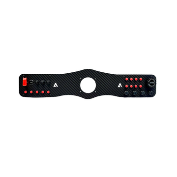 A Thrustmaster T-series dash board for sim racing, featuring various control buttons and switches, mounted on a black surface with red and white accents.