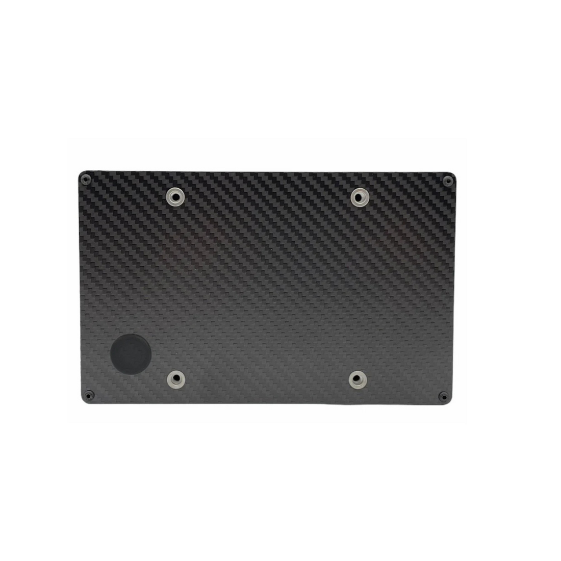 Black carbon fiber plate with circular cutouts on a white background