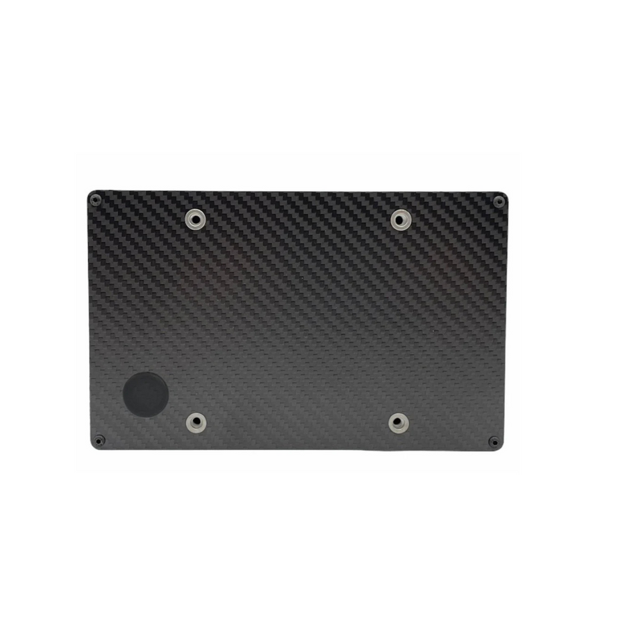 Black carbon fiber plate with circular cutouts on a white background