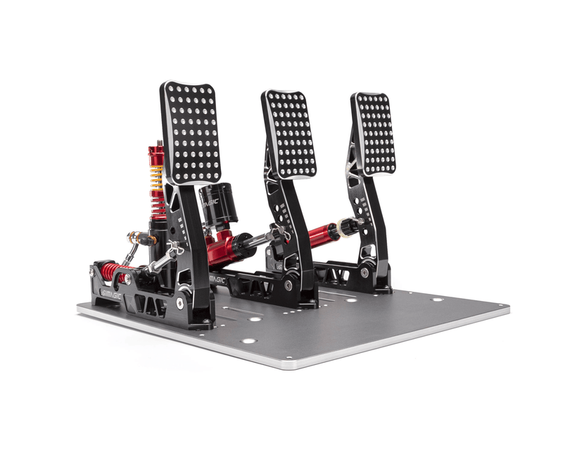 Simagic P2000r hydraulic pedal set — product photo, front view.