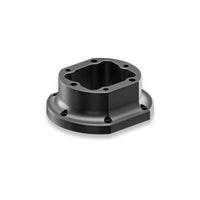 A black anodized metal mechanical adapter or flange with a square opening and four mounting holes, shown on a clean white background.