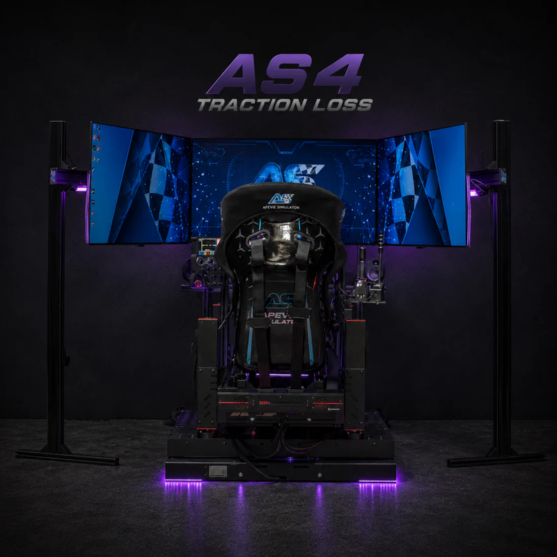 A high-end racing simulator cockpit setup with a large curved multi-monitor display showing blue checkered racing graphics, flanked by two vertical monitor stands. The simulator itself is black with purple LED underglow, and the words 'AS4 TRACTION LOSS' are displayed on the wall above.
