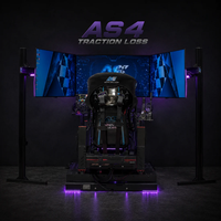 A high-end racing simulator cockpit setup with a large curved multi-monitor display showing blue checkered racing graphics, flanked by two vertical monitor stands. The simulator itself is black with purple LED underglow, and the words 'AS4 TRACTION LOSS' are displayed on the wall above.