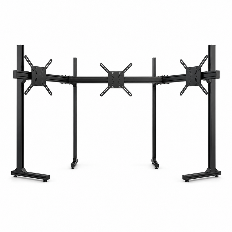 A black multi-monitor desktop stand with three adjustable VESA-compatible display mounts, three vertical support arms, and two wide base feet, shown on a solid white background.