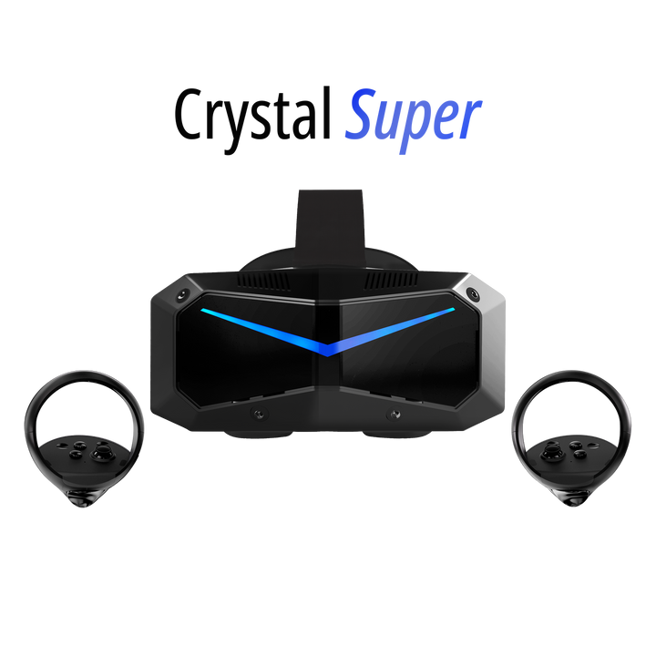 Black virtual reality headset with ear straps on a white background, featuring 'Crystal Super' branding.