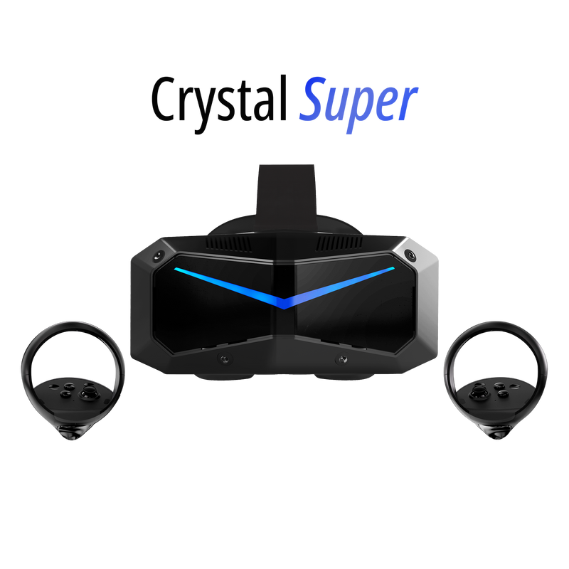 Black virtual reality headset with ear straps on a white background, featuring 'Crystal Super' branding.