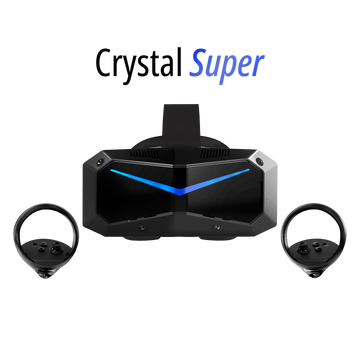 Black virtual reality headset with ear straps on a white background, featuring 'Crystal Super' branding.