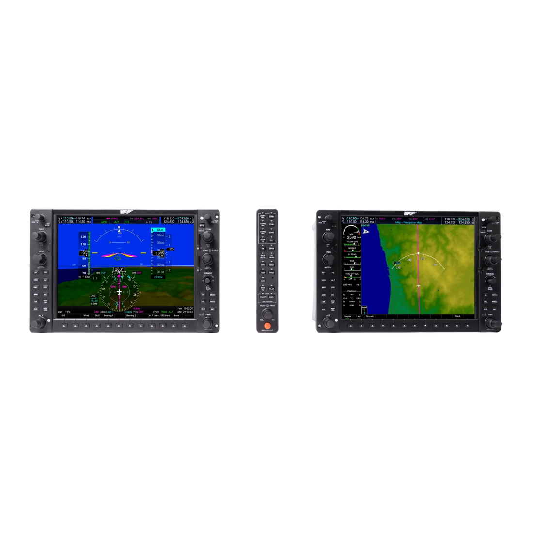 A black aviation electronic display unit with a remote control, shown on a clean white background. The main unit displays a blue and green navigation interface, and the remote control is positioned vertically between the two units.