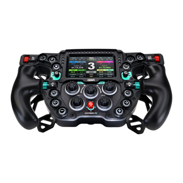 Black racing simulator steering wheel with digital display on a white background