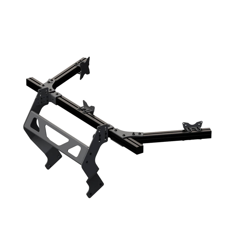 GT integrated triple monitor stand for sim racing cockpits — product photo, front view.