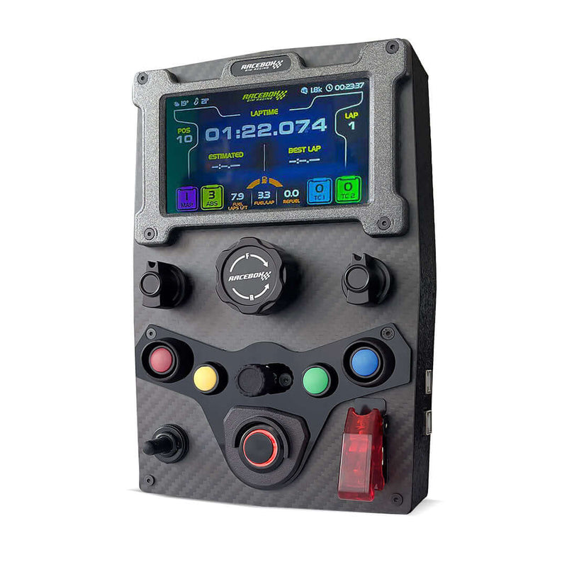 GTE V2 carbon fiber sim racing button box — product photo, front view.