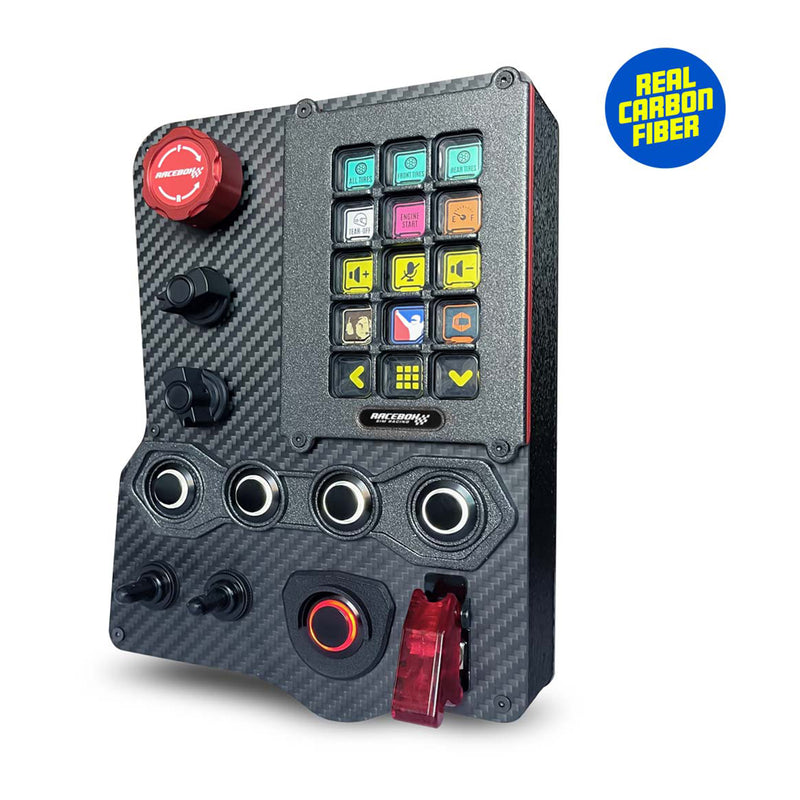 GTR carbon fiber button box for Stream Deck MK2 — product photo, front view.