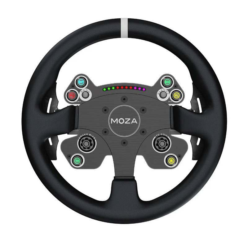 Moza CS V2P sim racing steering wheel, front view.