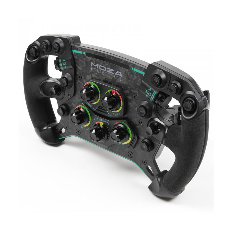 Moza Racing GS V2P sim racing steering wheel (Alcantara/leather), front view.