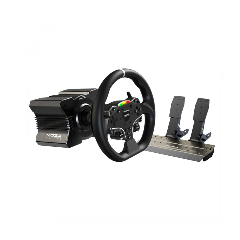 Moza Racing R5 3-in-1 sim racing bundle — wheelbase, wheel and pedals, product view.