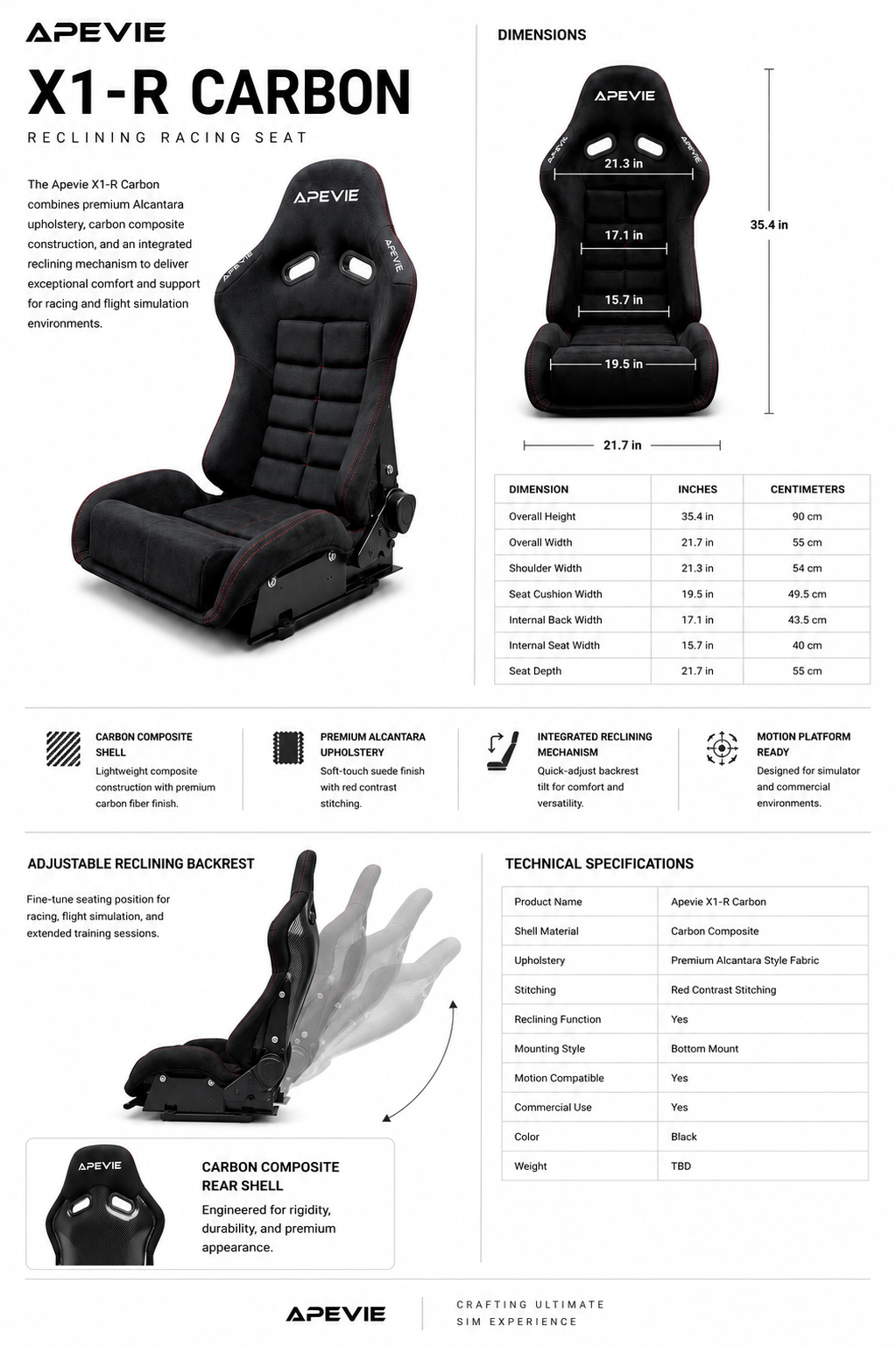 Apevie X1-R Carbon Fiber Reclining Seat