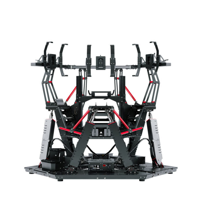 Qubic System QS-S25 6DOF Spider motion racing simulator cockpit frame, front view — black aluminium chassis with red accent struts and a six-actuator hexapod motion platform on a hexagonal base (cockpit only).