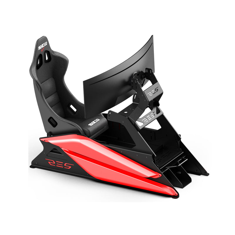 ResTech GT sim racing cockpit, front view — black GT-style simulator chassis with seat, pedal deck and wheel mount.