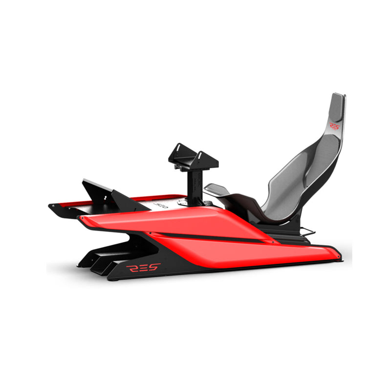 ResTech X1 Formula sim racing cockpit, front view — black formula-style single-seat simulator chassis with pedal deck and wheel mount.
