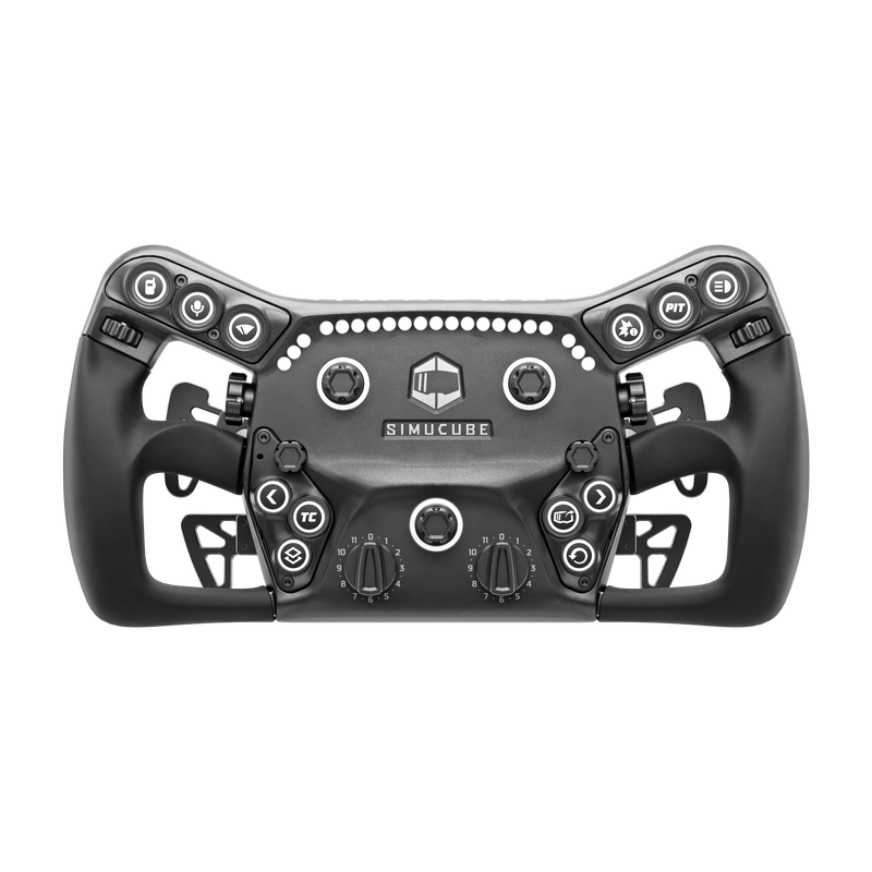 Simucube Savu Pro sim racing steering wheel with four paddles, front view.