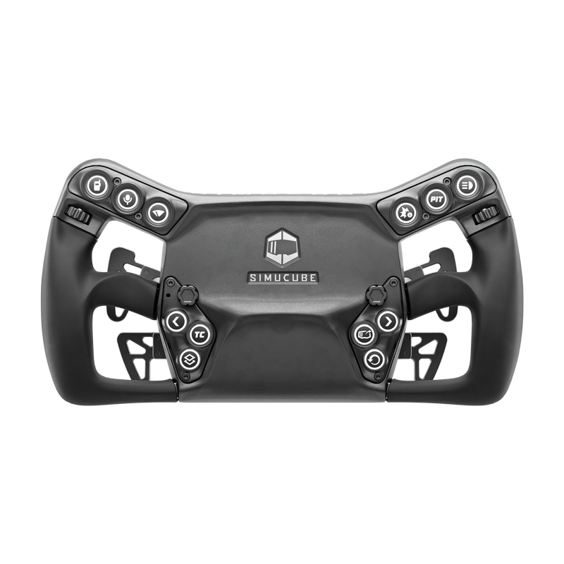 Simucube Savu Sport sim racing steering wheel with four paddles, front view.