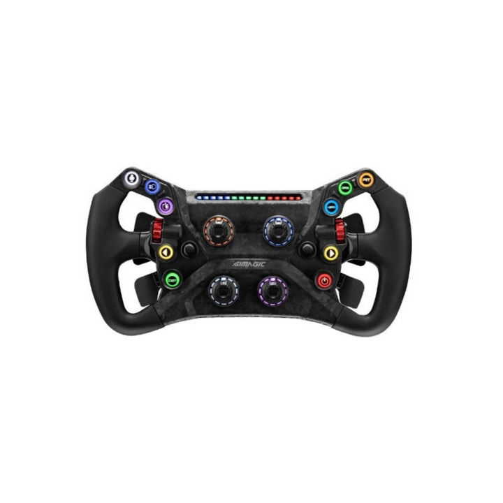 Black racing steering wheel with colorful buttons on a white background