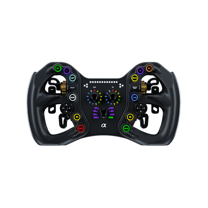 Bavarian Sim Tec Alpha sim racing steering wheel — product photo, front view.