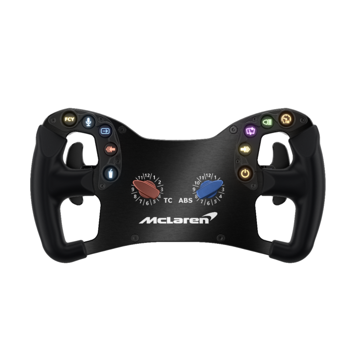 Ascher Racing McLaren Artura GT4 sim racing steering wheel — product photo, front view.