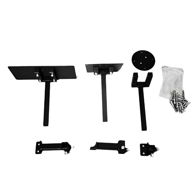 A collection of black flight control mounts kit for HOTAS, including throttle and joystick mounts, displayed on a white background.