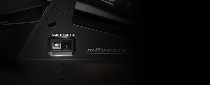 Close-up of a device with 'mBooster' branding and USB Throttle label.
