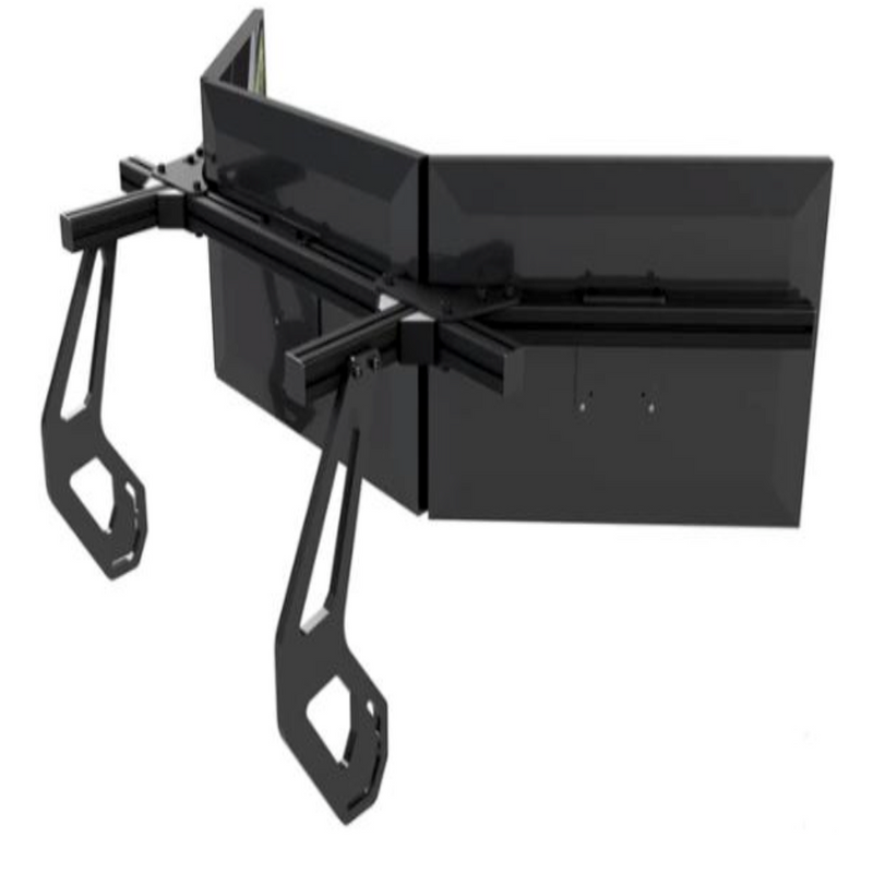 An adjustable black metal stand designed to hold multiple monitors, likely for gaming or simulation setup.